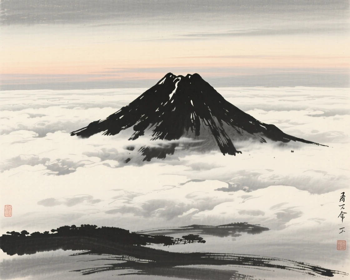A solitary mountain peak piercing through a sea of clouds as evening shadows stretch long across the land, composed with wide open space above to emphasize the scale of the sky, carrying a feeling of timeless peace and stillness.