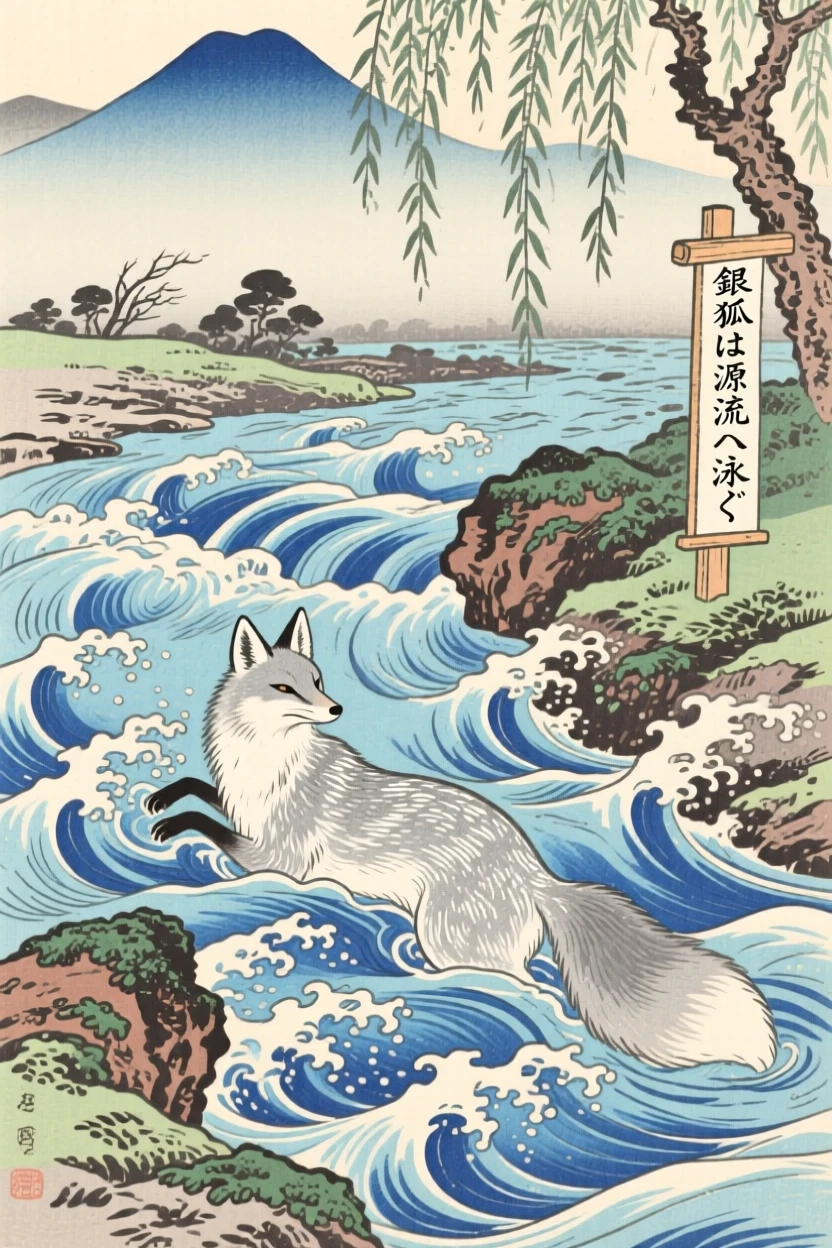 A silver fox swimming upstream through a rushing river.