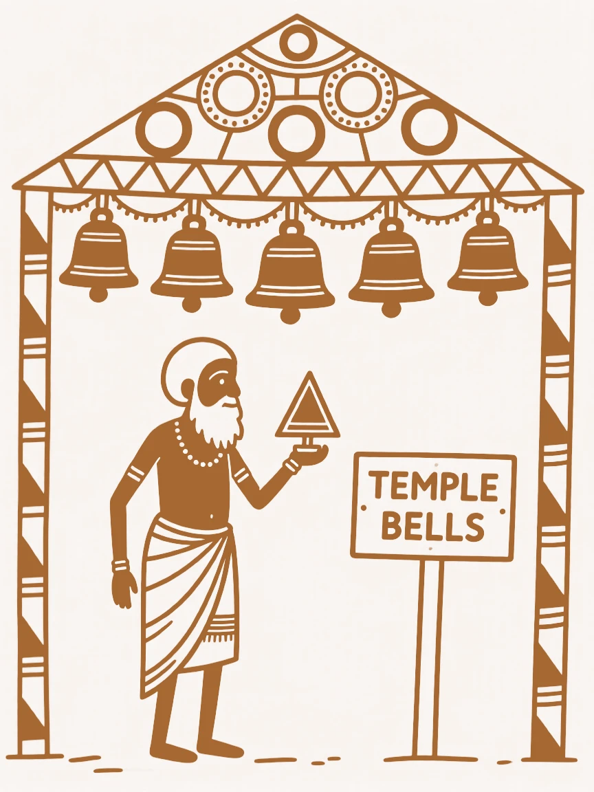 An elderly priest beneath a canopy of temple bells.