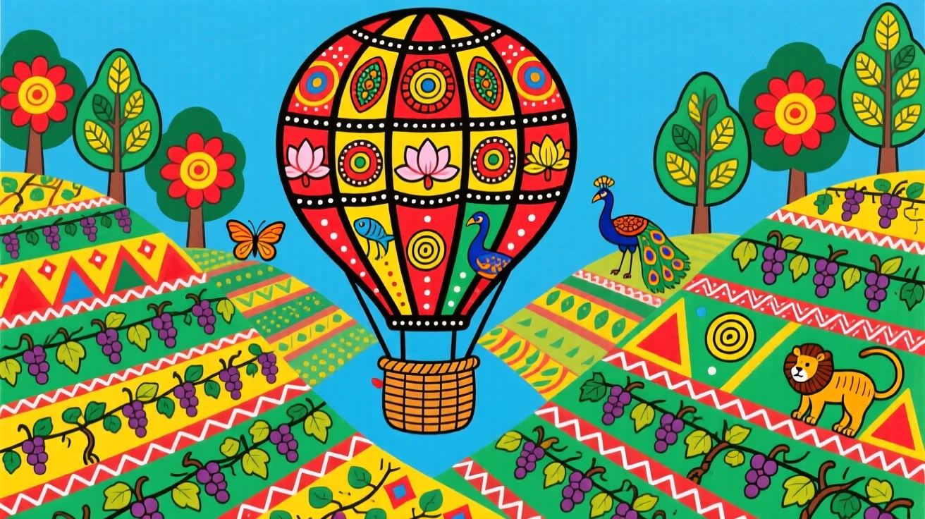 A hot air balloon drifting over a valley of terraced vineyards.