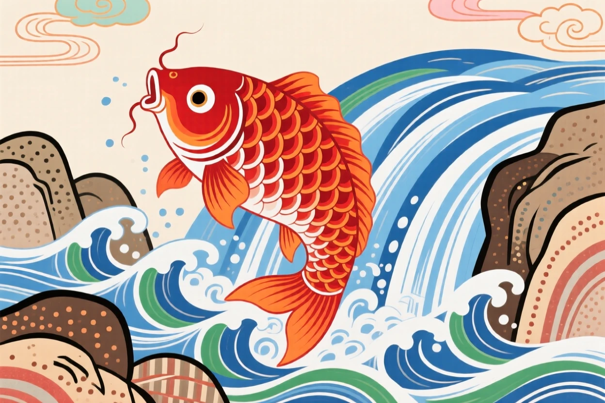 A carp leaping upstream against a rushing waterfall, symbolizing perseverance and success.