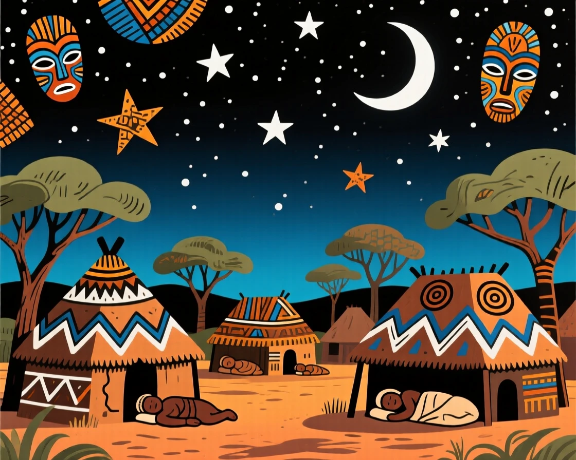 A starlit sky stretching over a sleeping village.