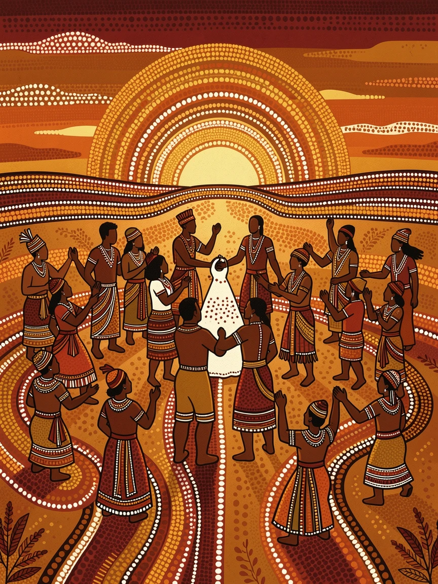 A community celebrating a traditional wedding at sunset