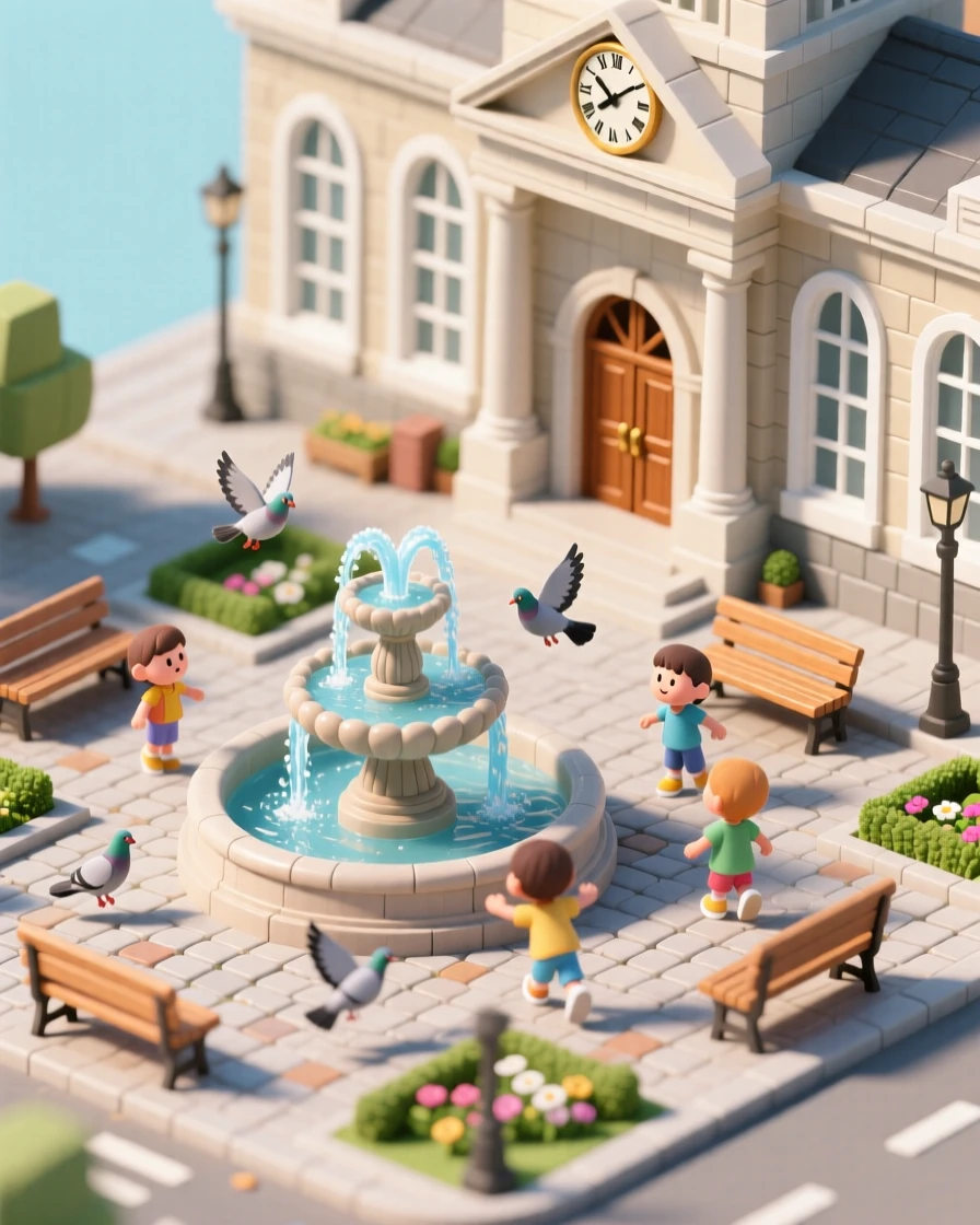 A bustling city hall square with a fountain at its center, pigeons scattering as children chase them across the plaza.