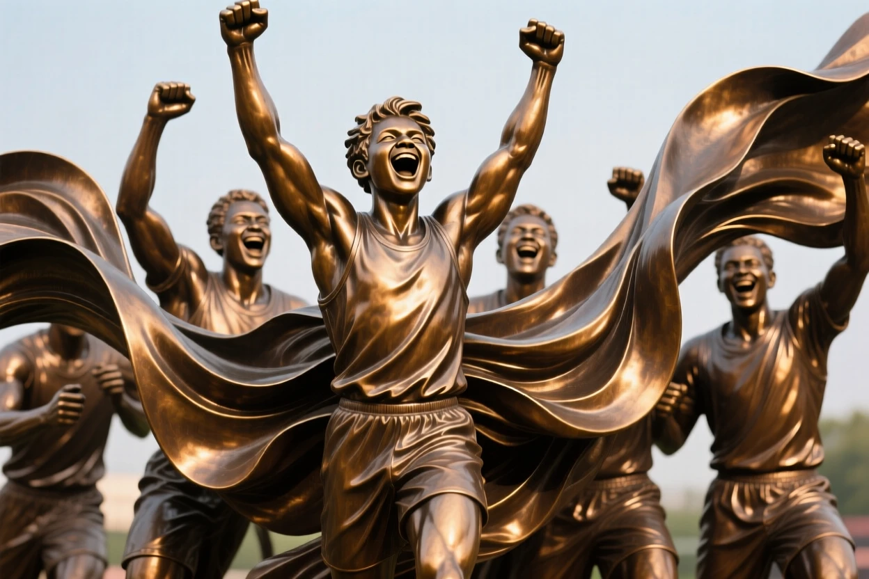 A young athlete celebrating with teammates after victory, with intricate, flowing drapery, forming a strong central focal point