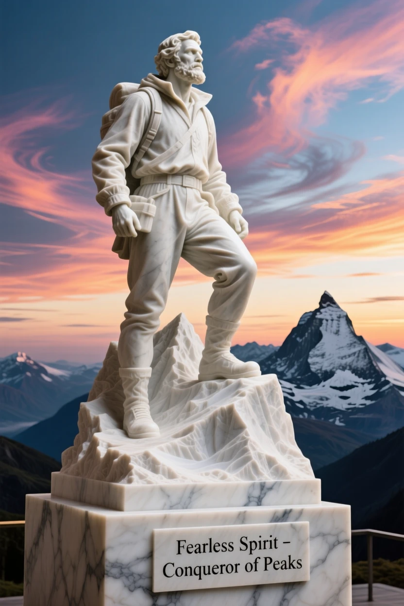 An evocative depiction of a fearless explorer atop a snowy peak, under a brilliant, colorful sky, balancing detail with emotional depth