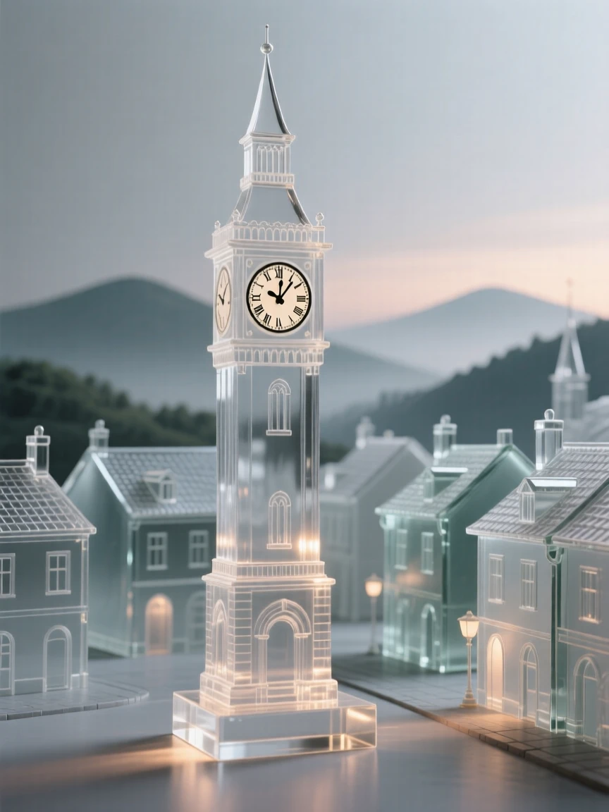 A clocktower rising above the rooftops of an old town square, with distant hills fading into the evening haze
