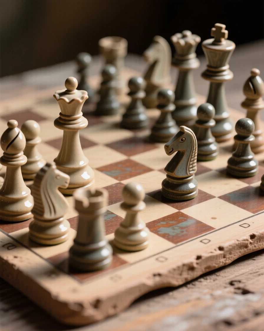 A chess set mid-game with pieces poised framed in soft, warm ambient light, set against a softly blurred background, stirring fond memories of simpler times.