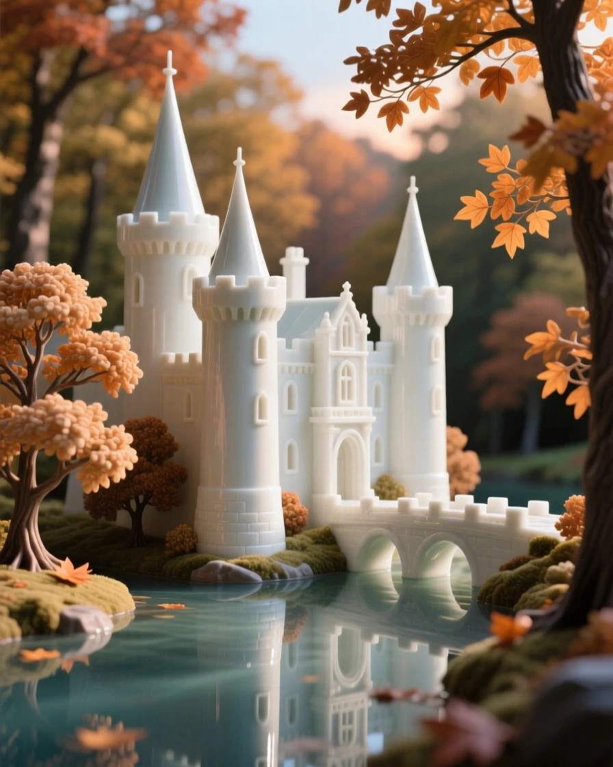 A moated castle surrounded by autumn forest, its towers catching the last light of day.