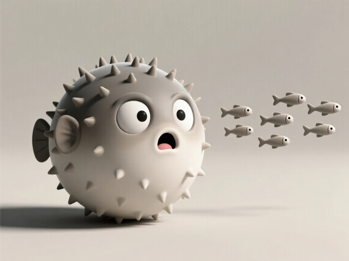 A curious pufferfish inflates into a spiky round ball, startled by a passing school of tiny fish.