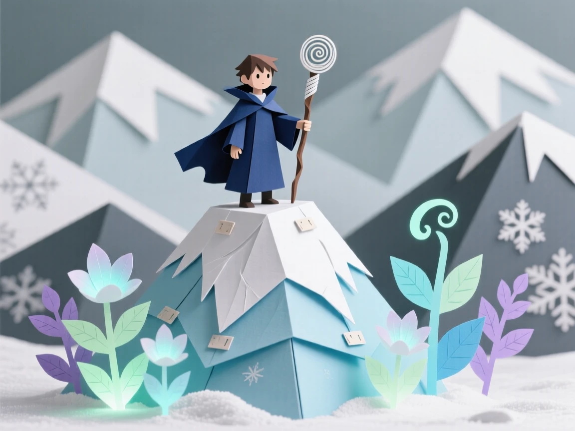 A young apprentice mage standing atop a frozen mountain peak, with luminescent plants lighting the surroundings, evoking a sense of legend and myth.