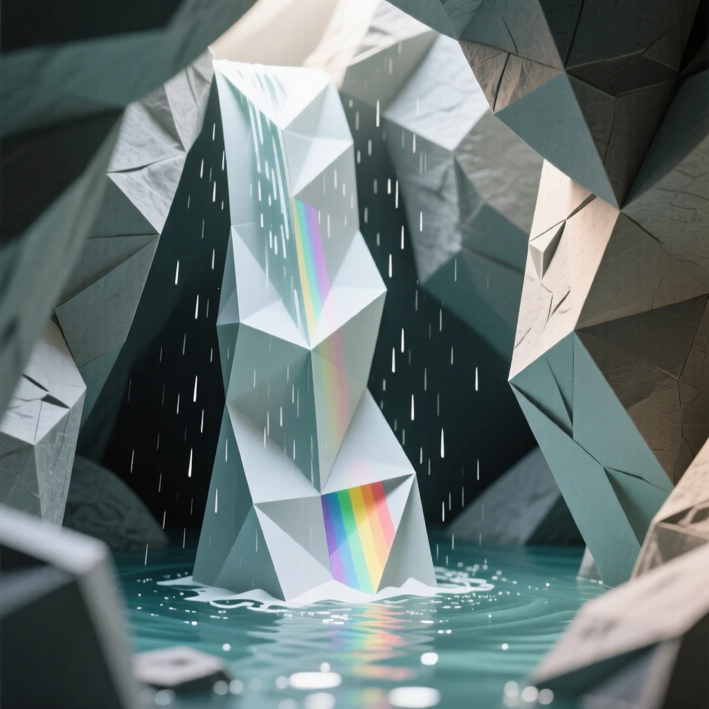 A hidden waterfall chamber where light refracts into a thousand tiny rainbows.
