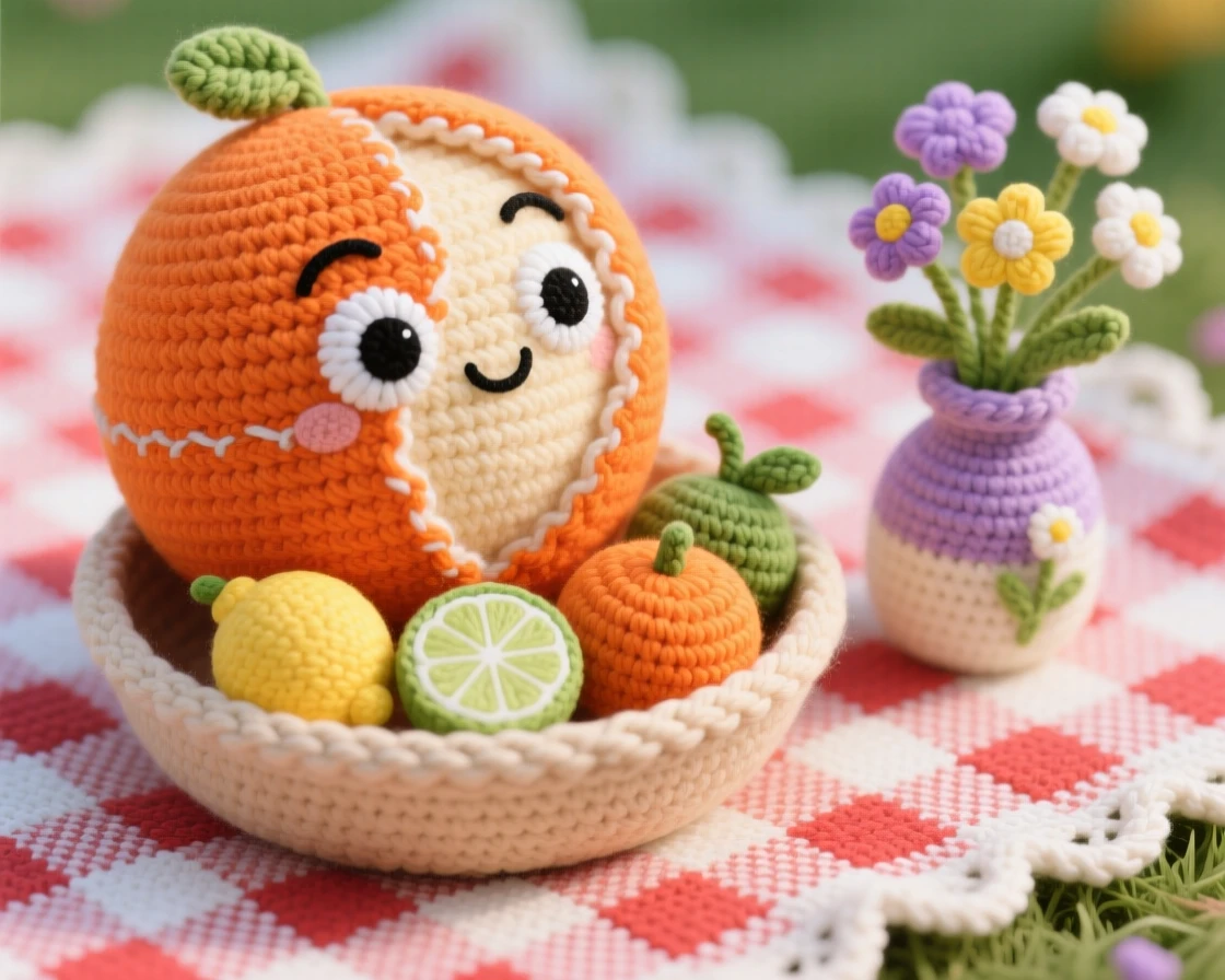 a round orange character, with a segment peeled open, is shown resting in a bowl of citrus fruit on a checkered picnic blanket in a park beside a small vase of wildflowers on the table, capturing a cozy sense of shared treats.