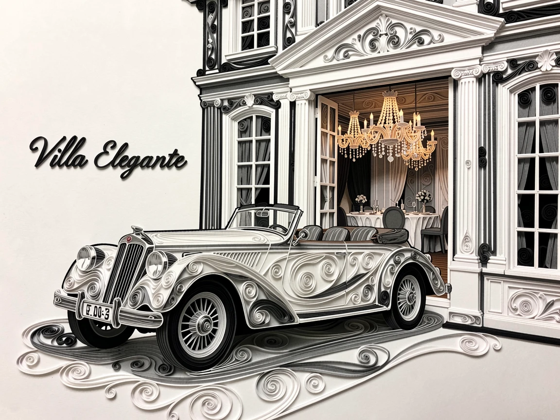 A sophisticated luxury scene of a vintage convertible parked outside a grand villa in a grand ballroom lit by chandeliers, in classic monochrome black and white, arranged with refined, minimalist negative space.