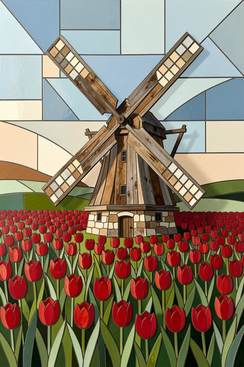 A rustic old windmill surrounded by blooming red tulip fields.