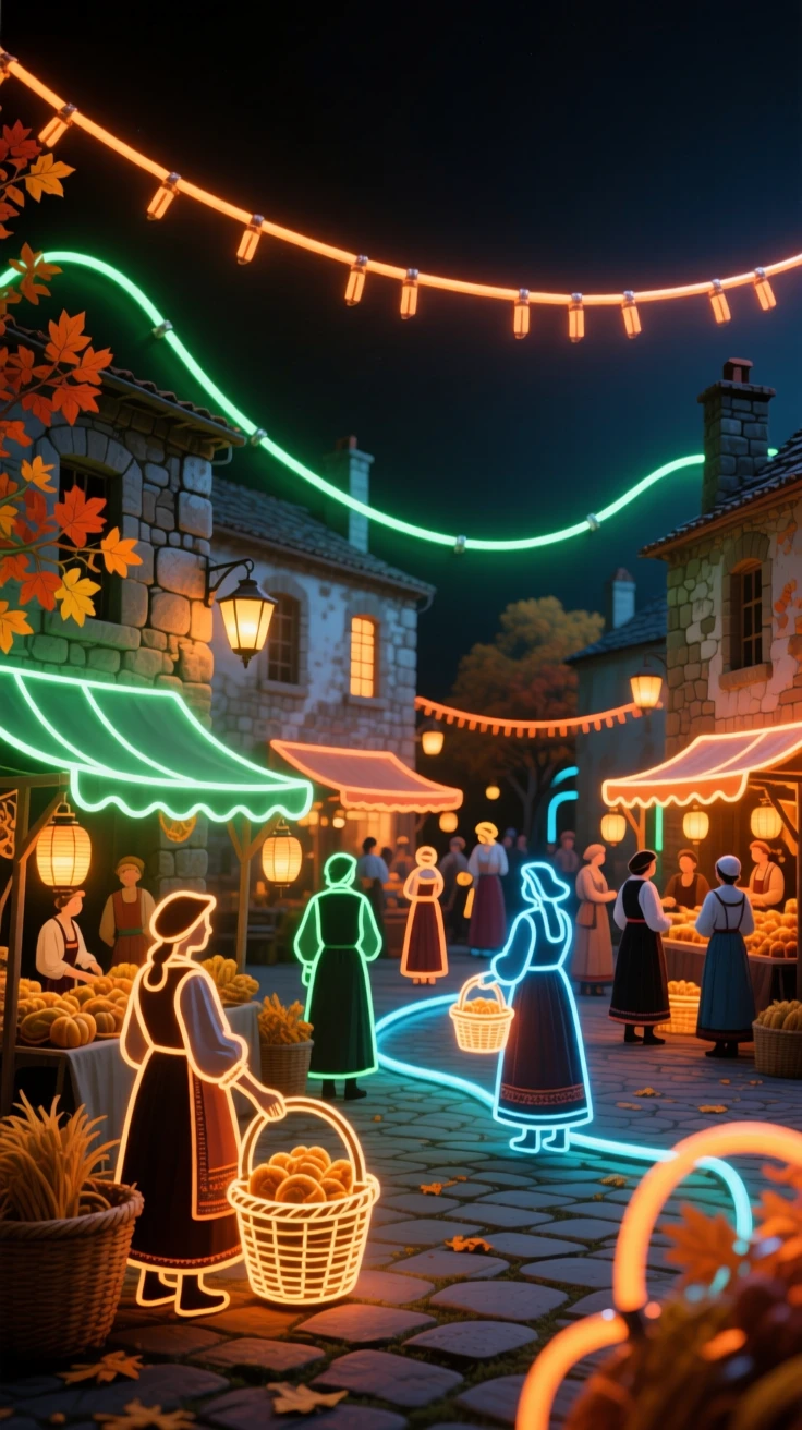 A detailed vignette of a village gathering for a harvest celebration in an old stone square.