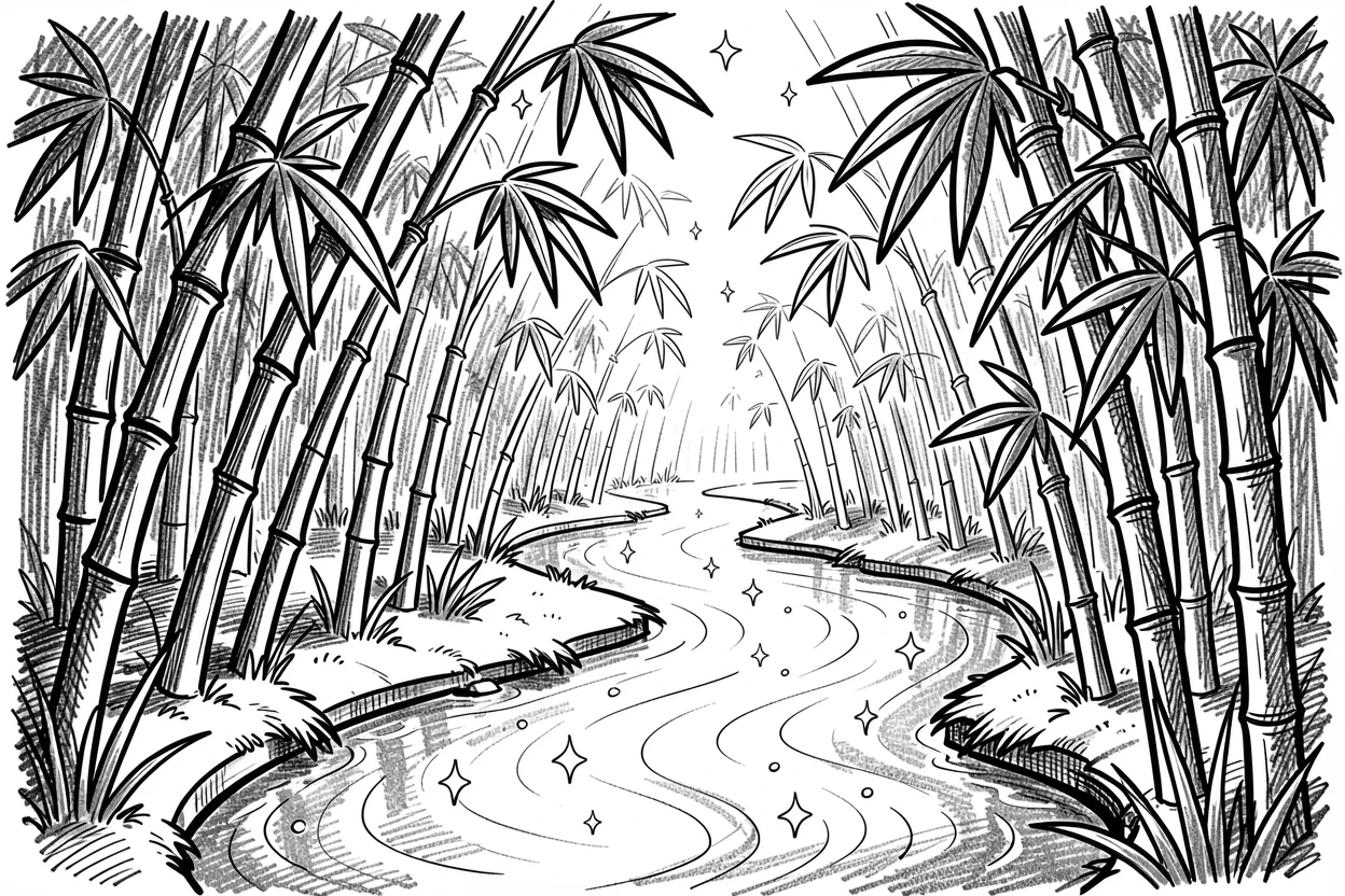 A bamboo forest path along a sun-dappled river path.