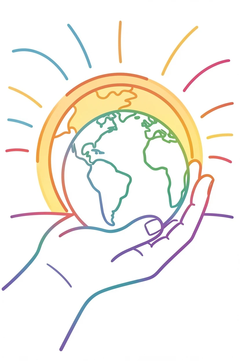 A hand holding a small globe cradled gently against a sunset sky.