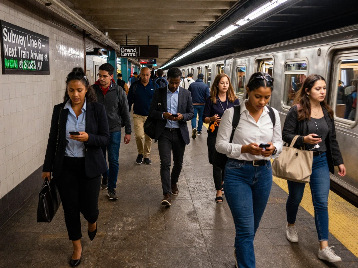 A busy subway platform with commuters rushing past