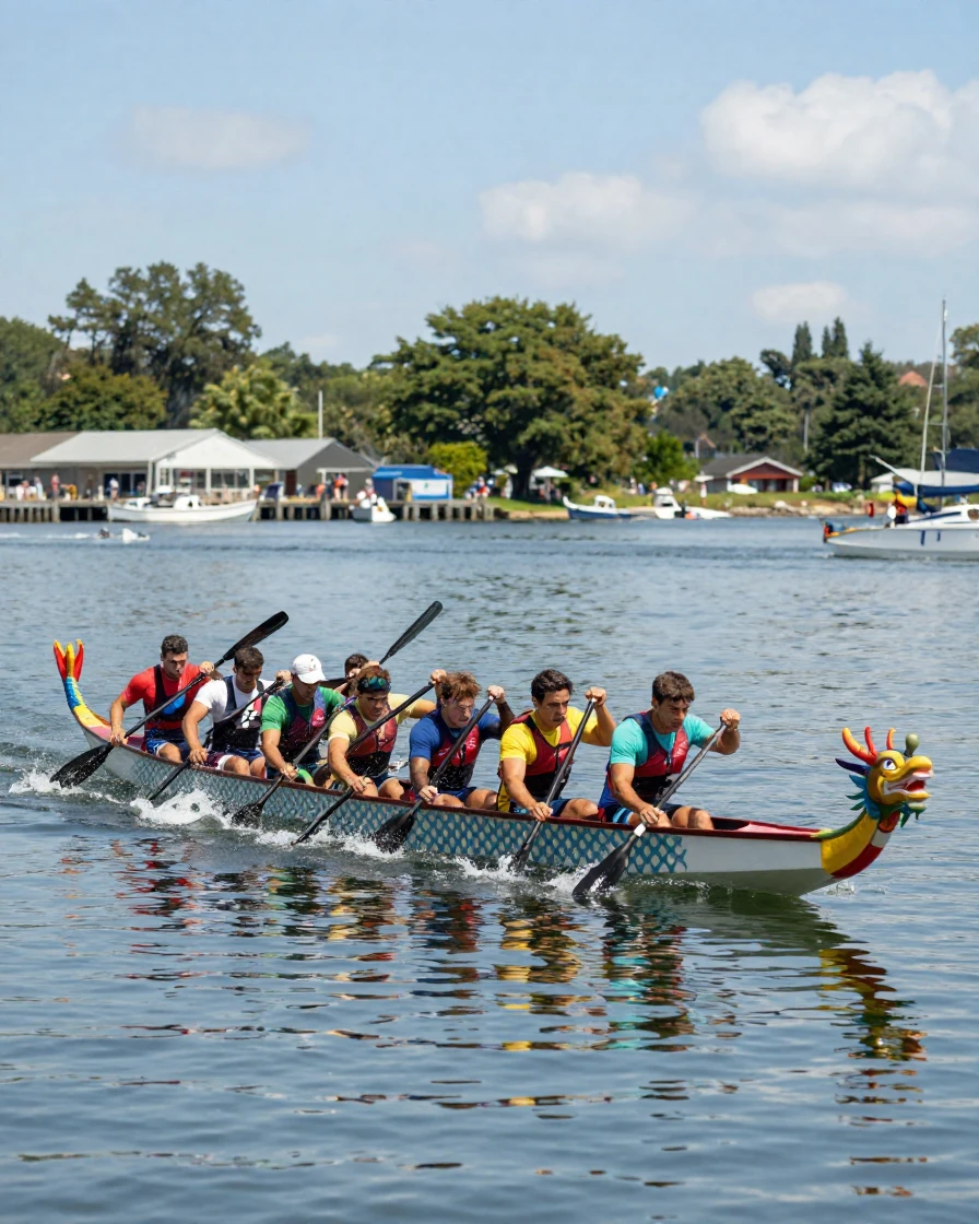 A group of paddlers races dragon boats across a calm harbor.