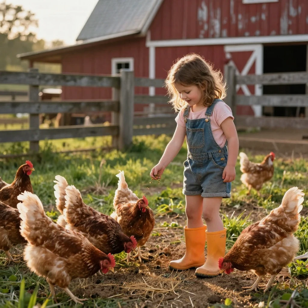 A little girl feeding chickens in a farmyard while wearing oversized rubber boots