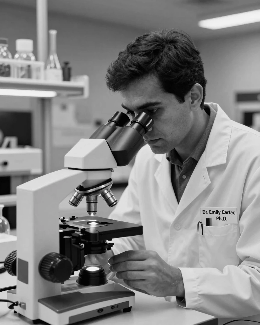 A biologist peers through a research microscope in a state-of-the-art laboratory.
