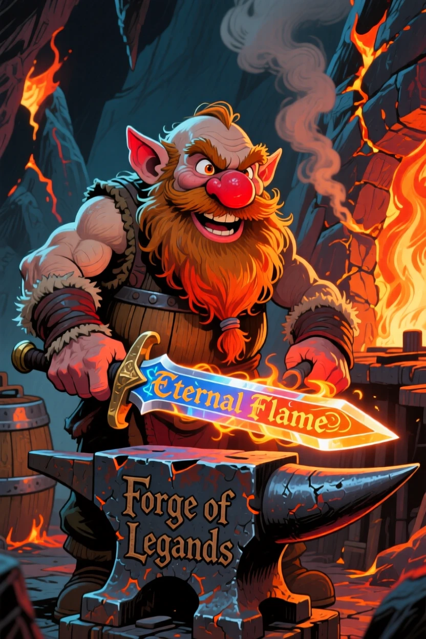 A dwarf blacksmith forging a glowing enchanted sword deep within a mountain forge.