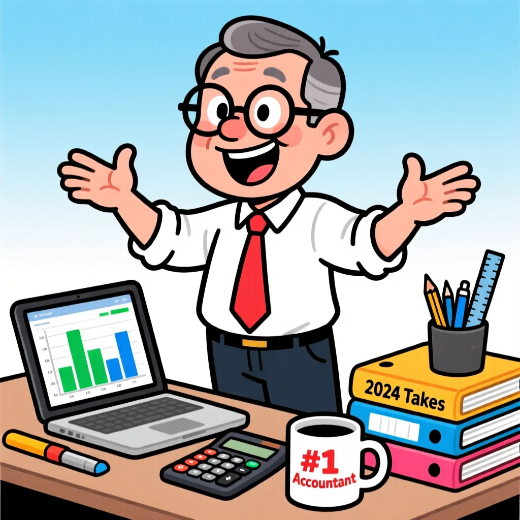 A vibrant profession-themed portrait of a diligent accountant explaining something enthusiastically with wide gestures, with tools neatly arranged nearby.