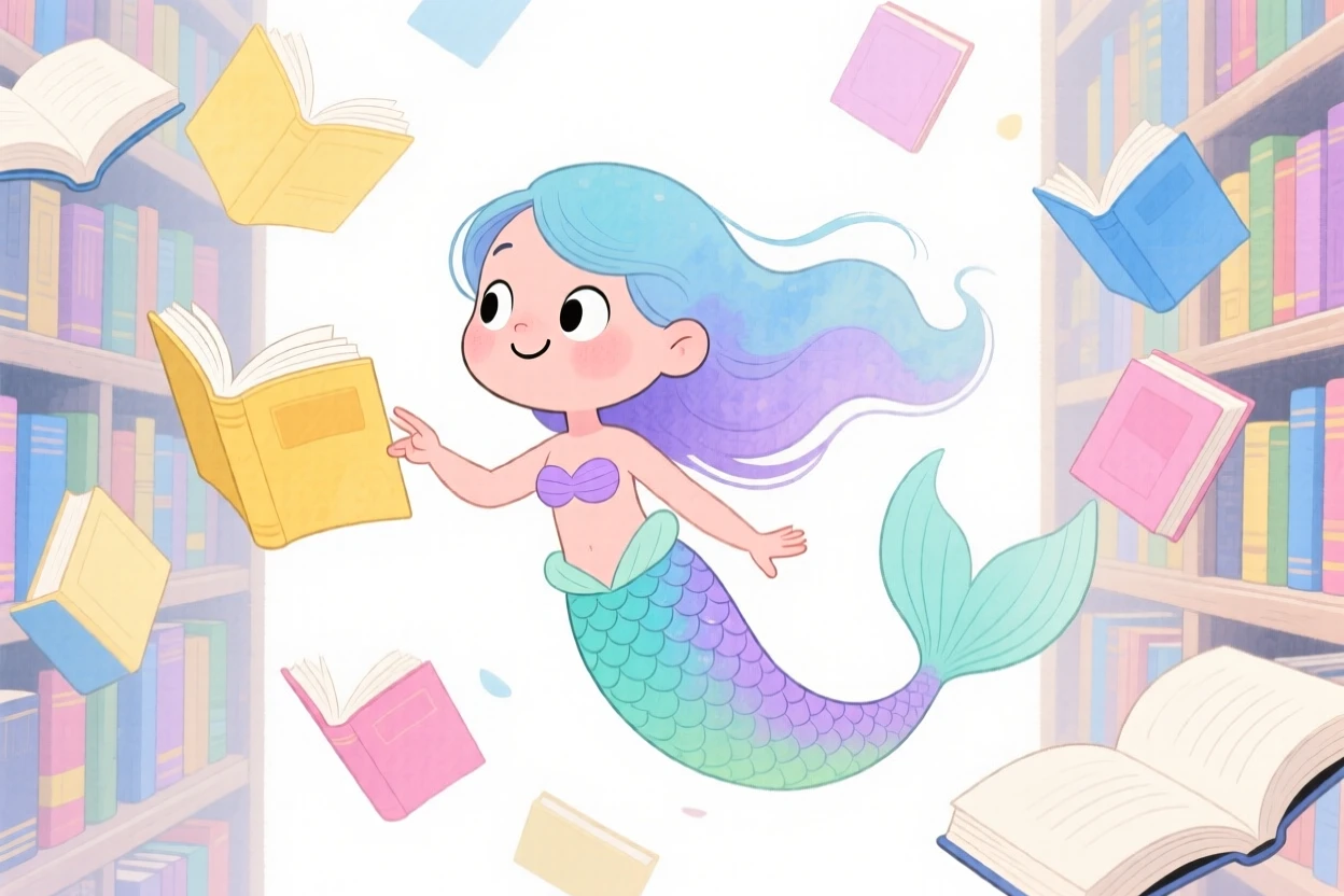 A mermaid wandering through a library of floating books