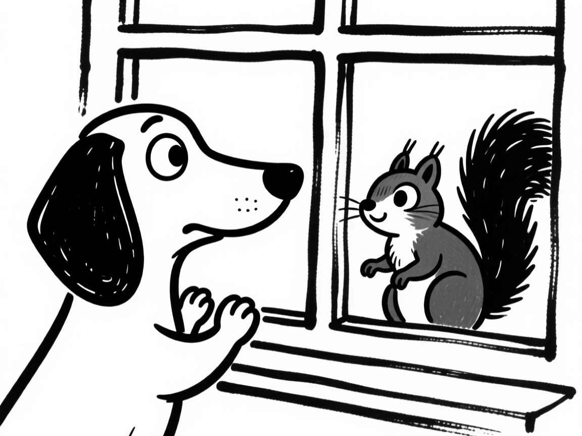 A dachshund watching a squirrel through a window, paws pressed to the glass.