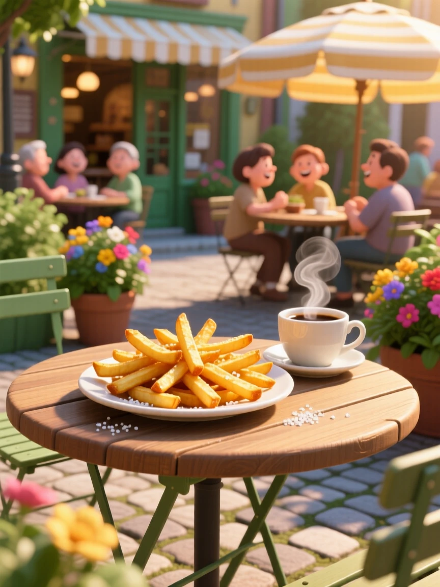 A plate of crispy golden fries sits at a sunny outdoor cafe table, next to a steaming cup of coffee. A cheerful, mouthwatering warmth surrounds the dish.