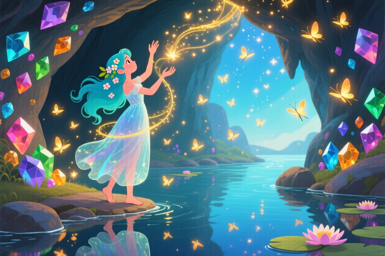 A river nymph is casting a spell that fills the sky with fireflies in a glowing cave of gems, as reflections shimmer on the still water.