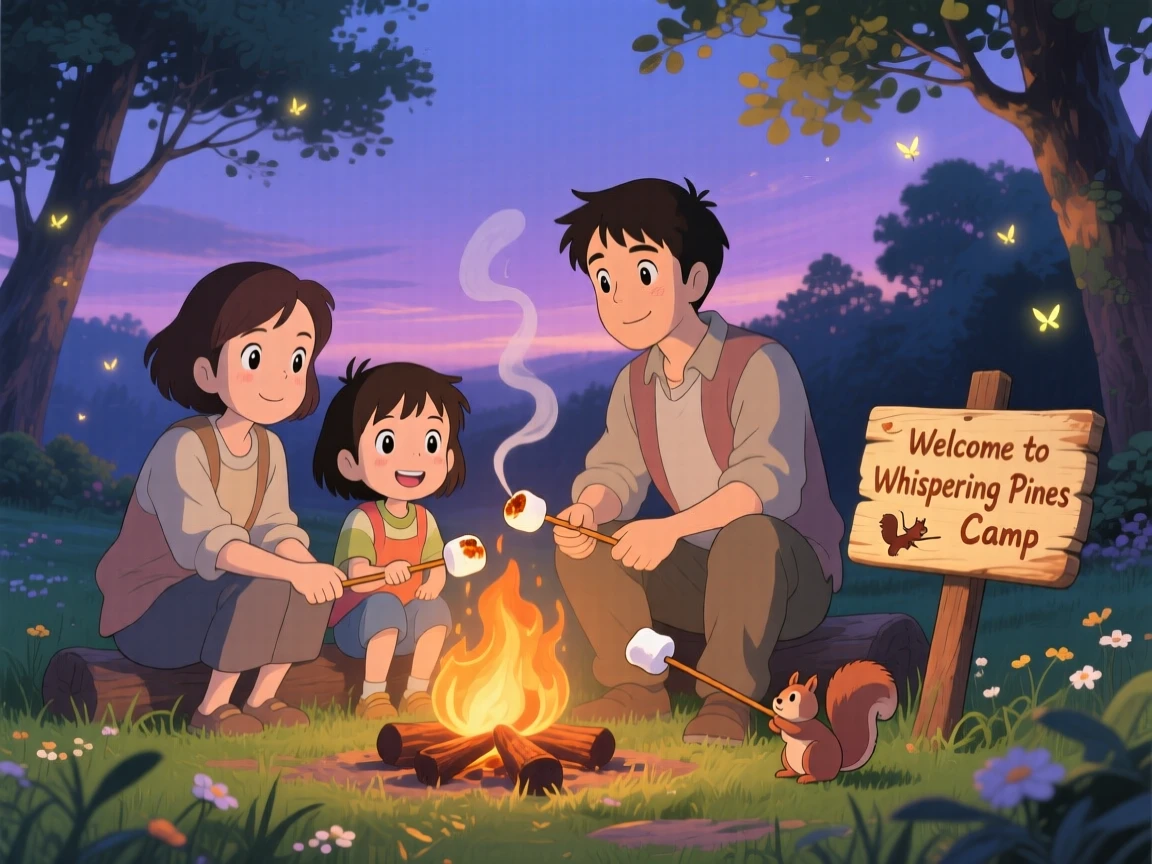 A family roasting marshmallows around a small campfire, the scene tender and warm.