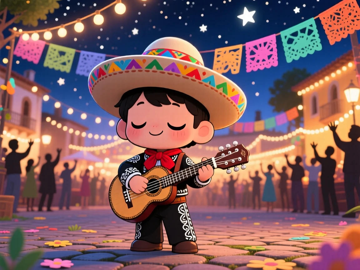 In a festive plaza celebration, a child mariachi performer is strumming a tiny guitarrón under a starry midsummer night sky, bathed in glowing string lights, expression full of sleepy relaxation. Shot as a medium shot.