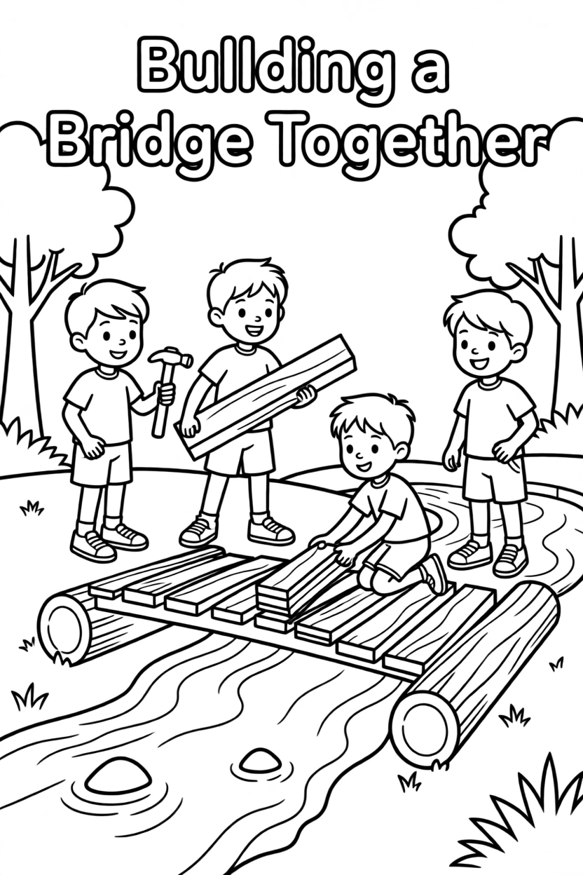 A team of friends building a bridge over a small creek