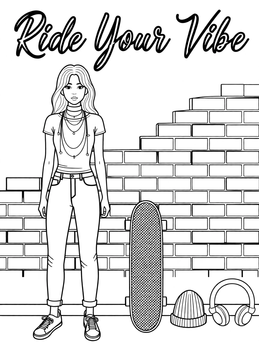 A choker necklace layered with delicate chains, paired with a skateboard leaning against a brick wall.