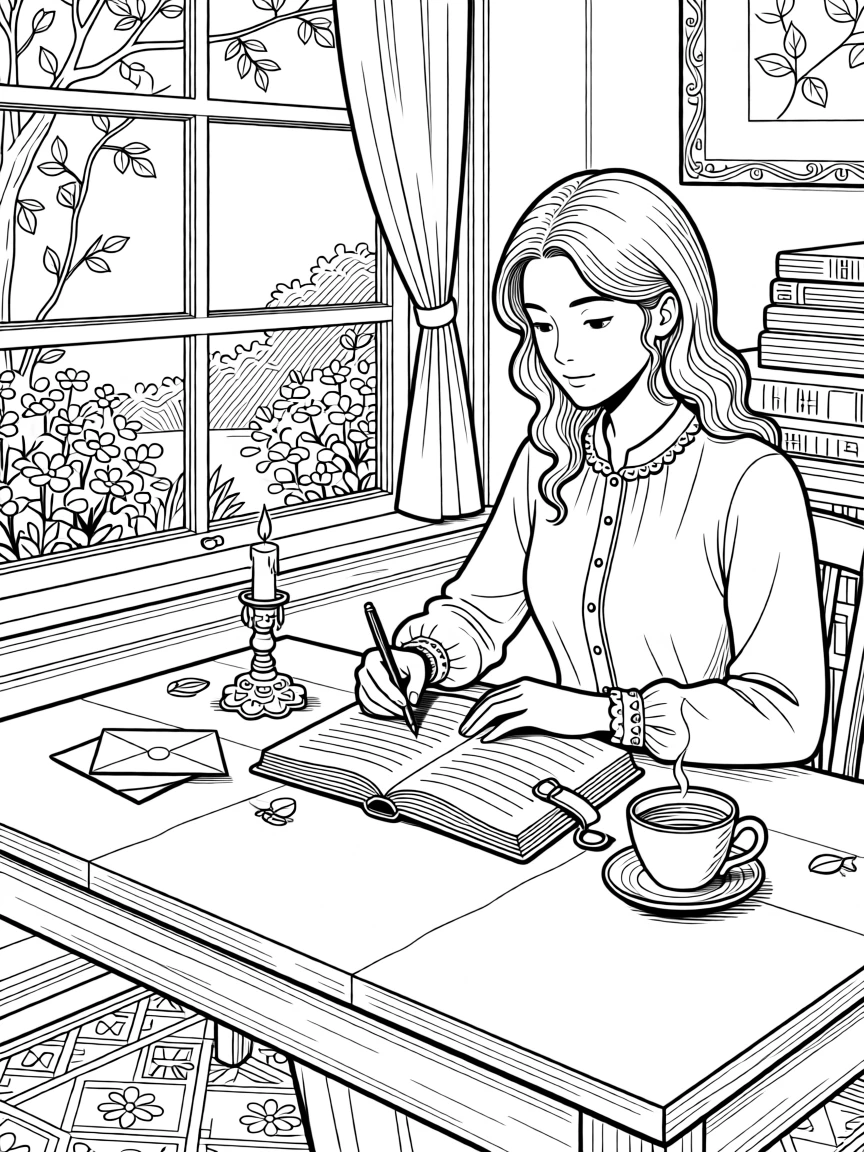 A person journaling beside a window with a cup of tea and candle glow.