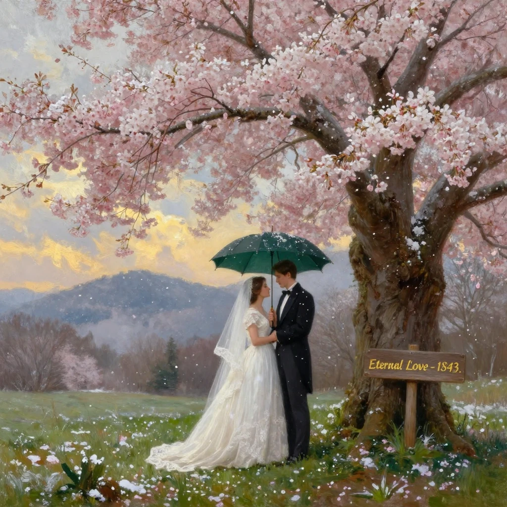 A bride and groom share an umbrella beneath a blossoming cherry tree as snow begins to fall gently.