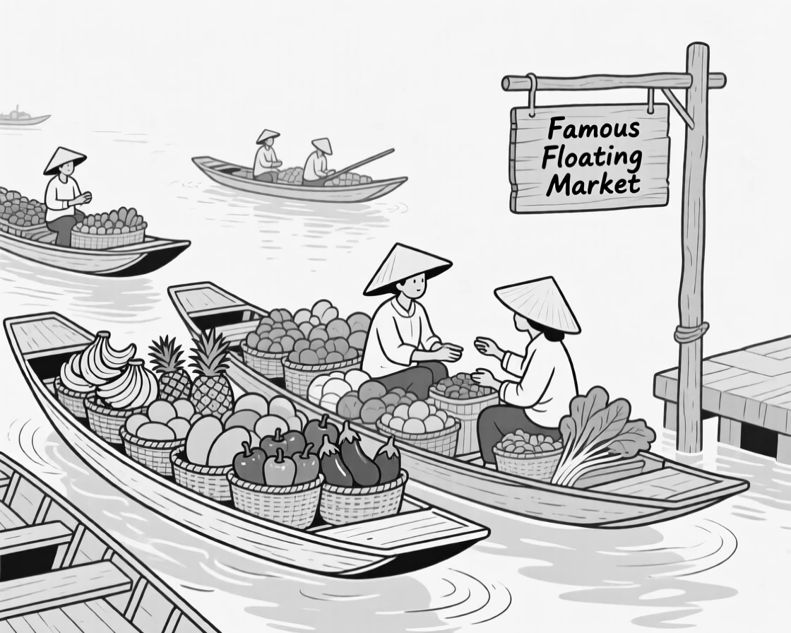 A famous floating market with boats piled high with produce