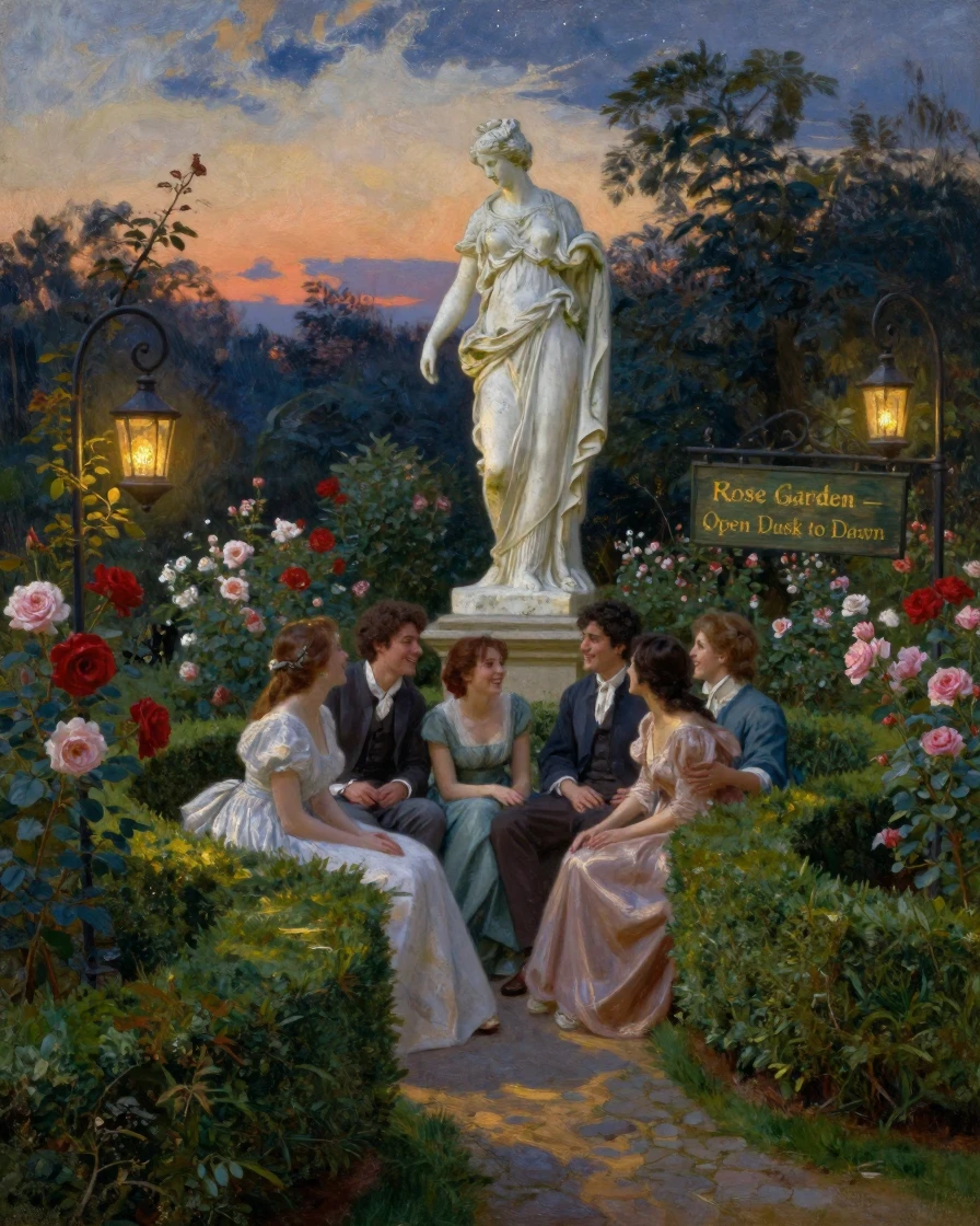 A group of friends plays among the hedges of a rose garden beneath a marble statue as lanterns are lit for evening.