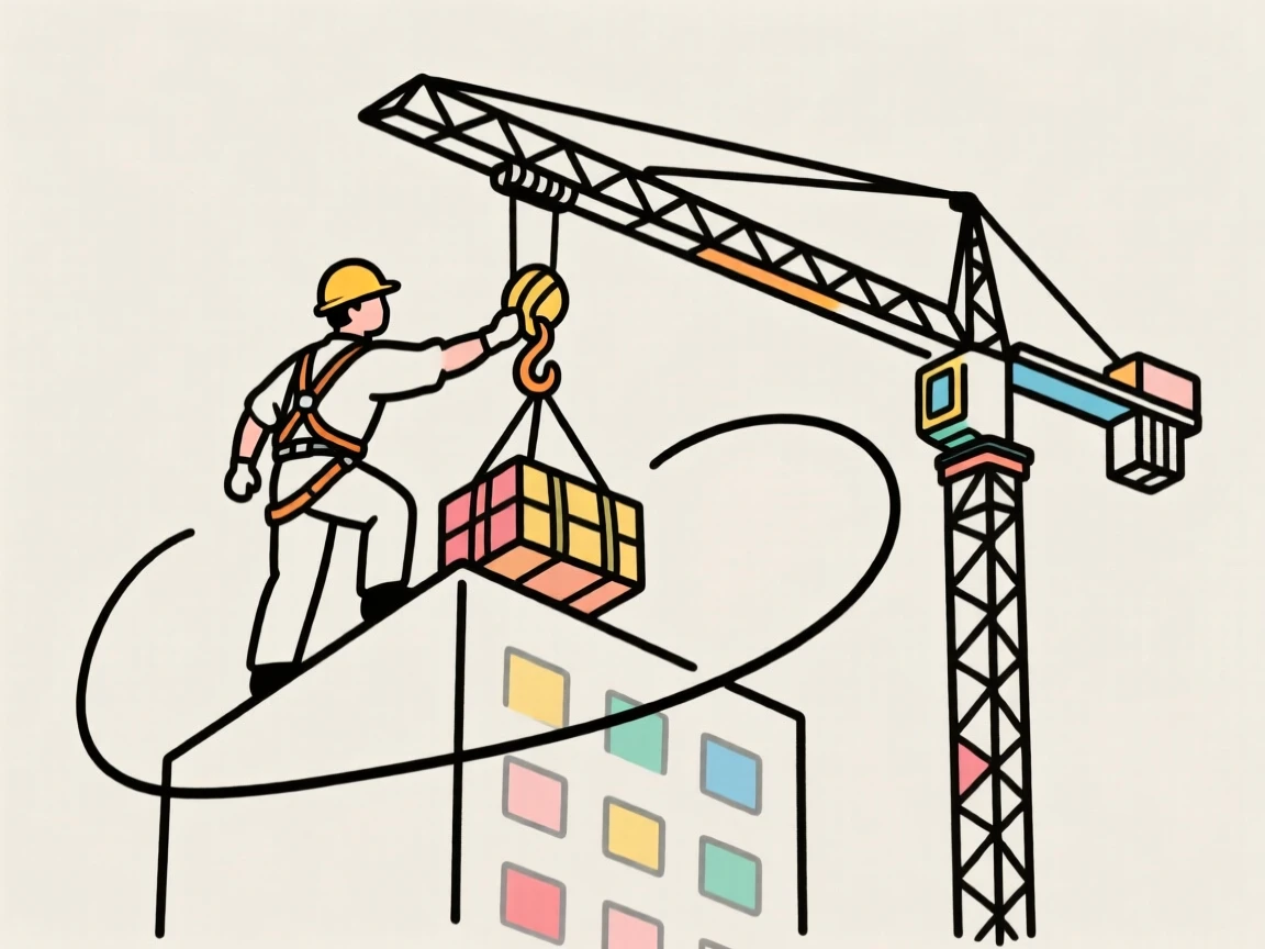A construction worker guiding a crane load atop a tall building.