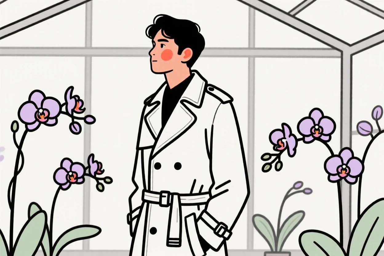 A young man of Indian heritage in a vintage-inspired trench coat, gazing thoughtfully into the distance, in a greenhouse full of orchids.