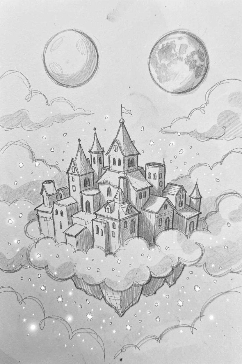 A floating city drifting among the clouds, in a realm where two moons hang in the sky, with glowing spores floating like snow.