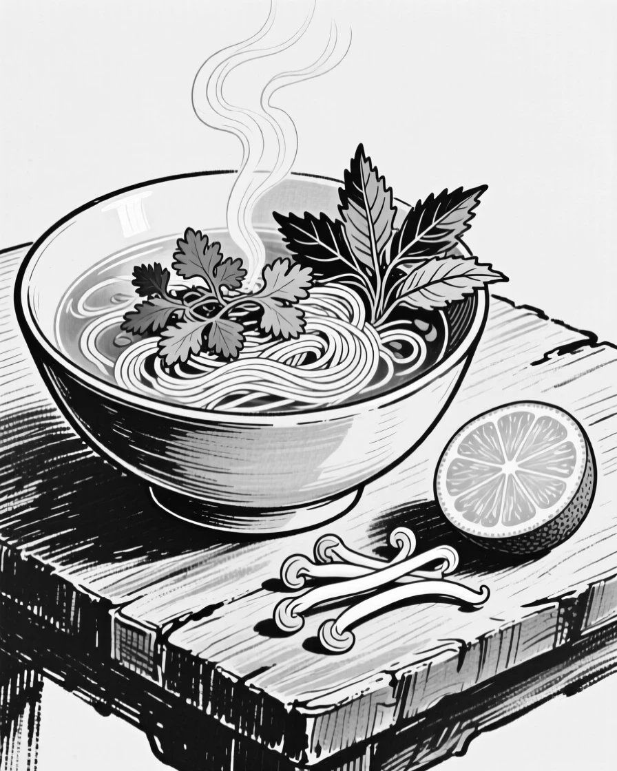 A bowl of pho with fresh herbs, lime, and bean sprouts steaming gently.