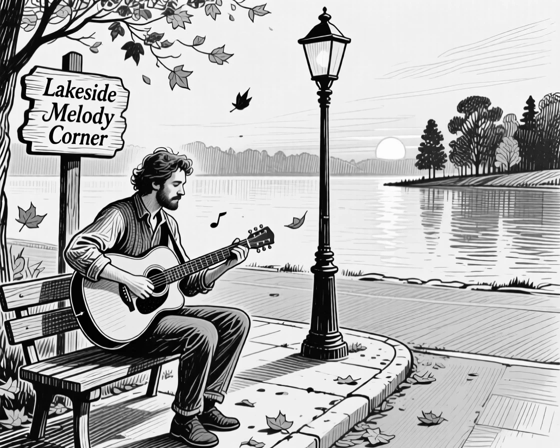 A musician playing guitar on a quiet street corner beside a tranquil lake at dawn, with leaves drifting past them in the wind, creating a lighthearted and playful lifestyle scene.