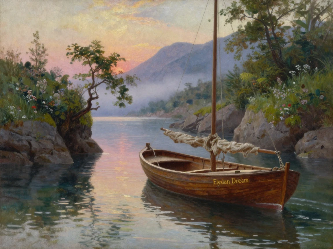 Waves gently lap against the hull of a boat anchored in a quiet cove.