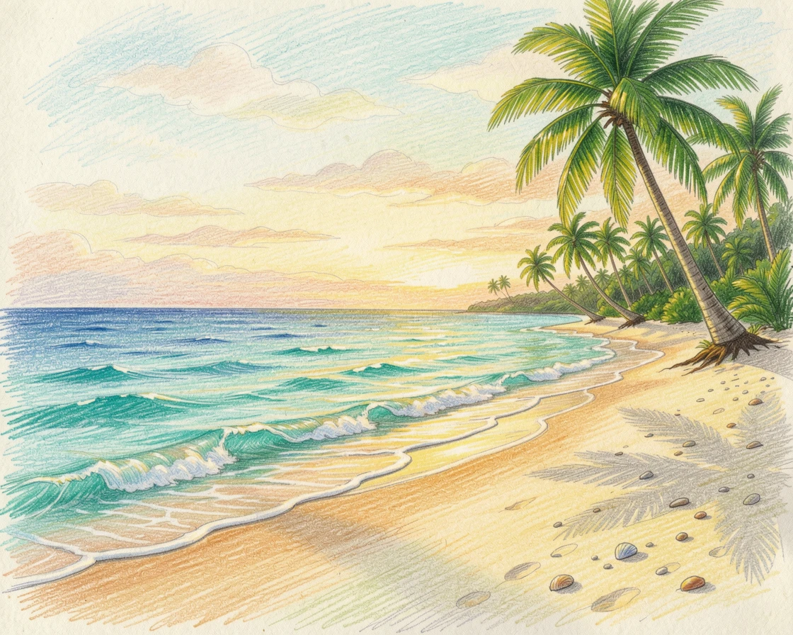 A Caribbean beach with turquoise water and swaying palm trees, bathed in the warm glow of golden-hour light, radiating comfort, joy, and quiet beauty.