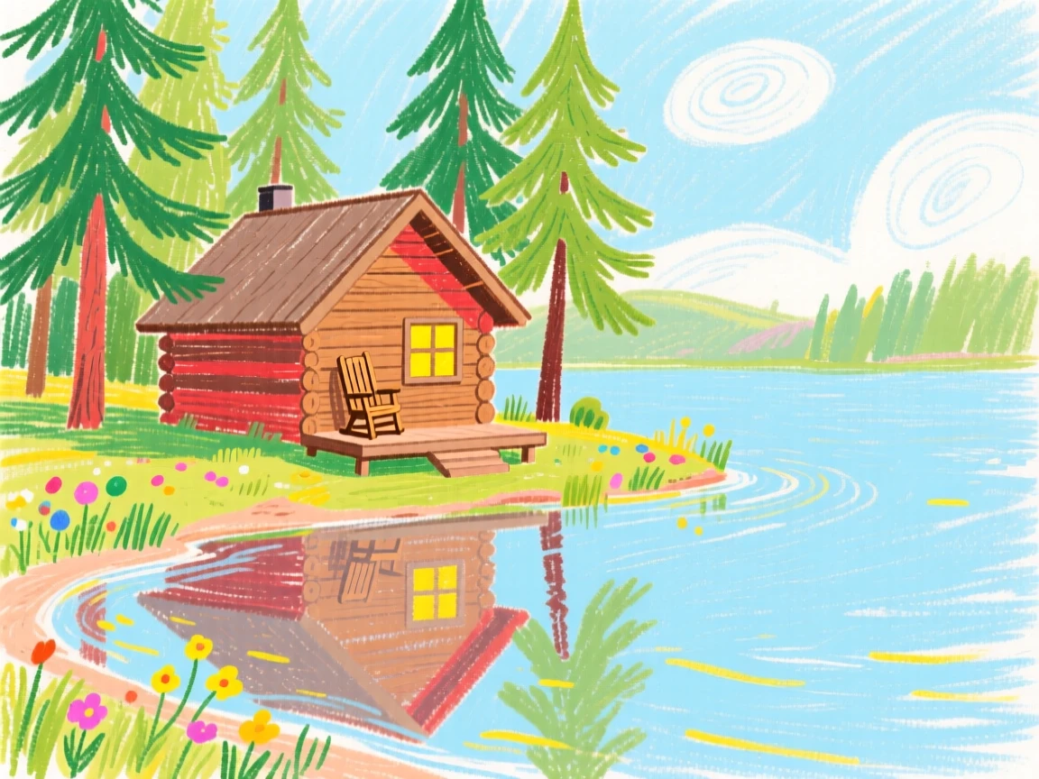 A view of a lakeside cabin reflected perfectly in still morning water.