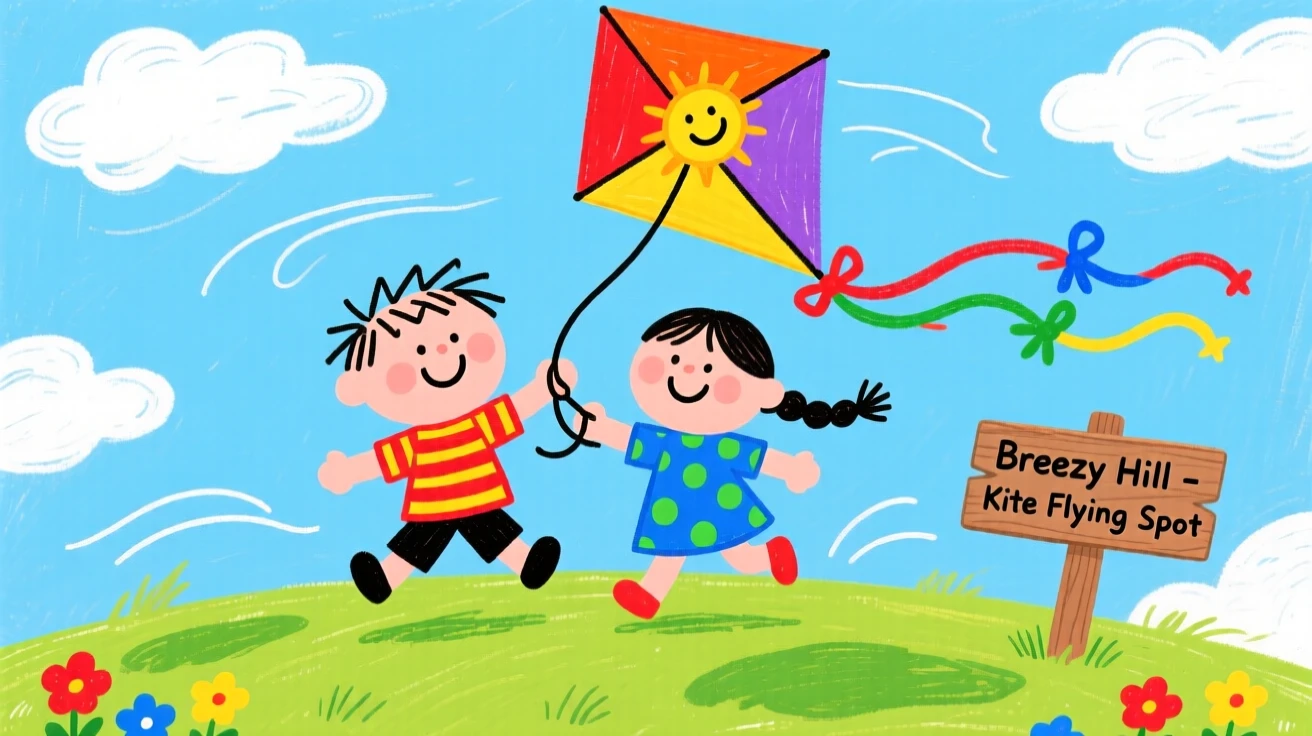 Siblings flying a colorful kite on a breezy hilltop.