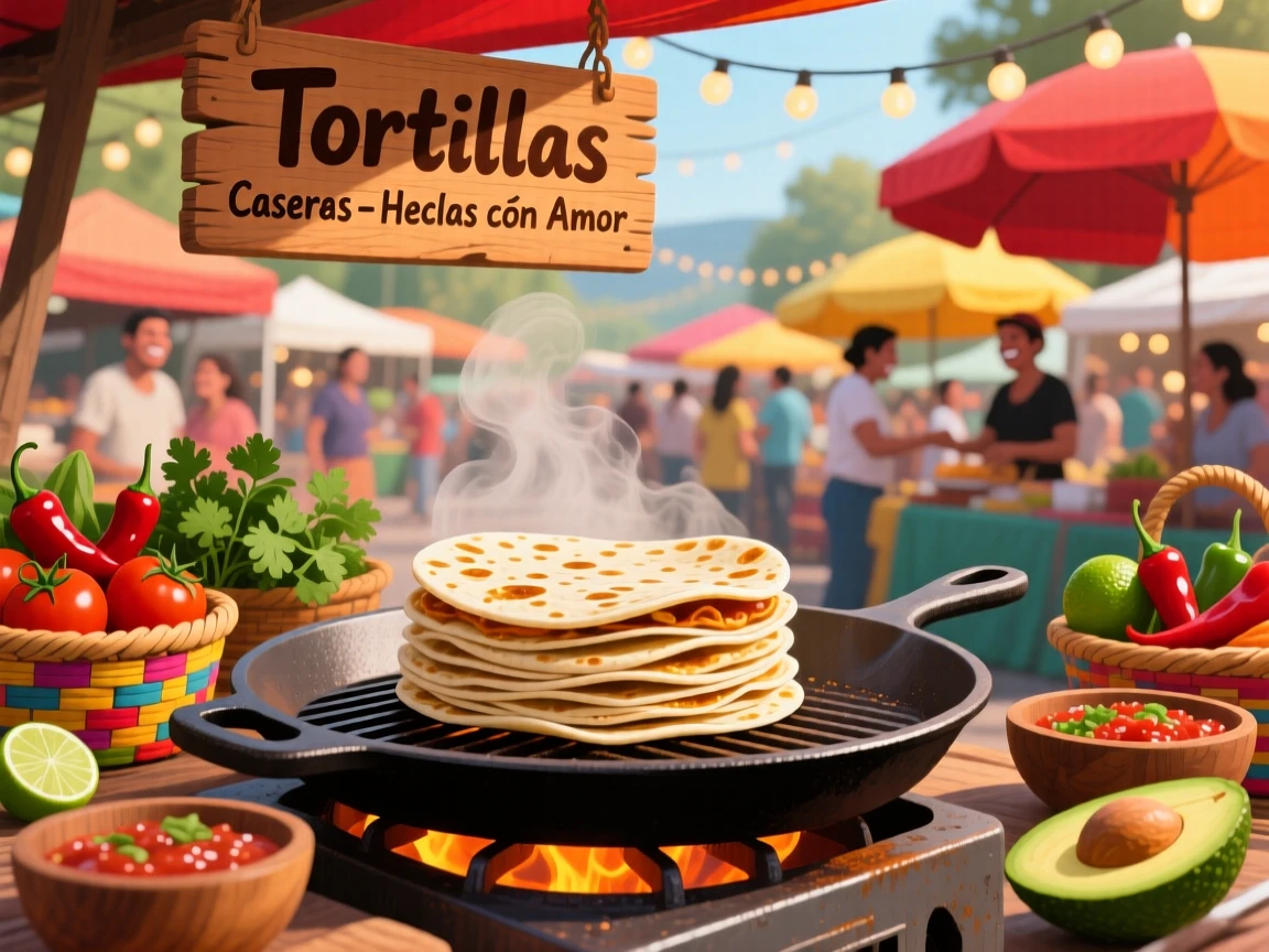 A stack of homemade tortillas warming on a griddle, set within a bustling outdoor market stall, captured with a close, mouthwatering focus, with a joyful, celebratory feel.